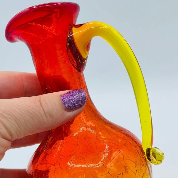 Orange Yellow Amber Crackle Glass Handled Small Pitcher Vase Partial Glow MCM - Picture 7 of 11